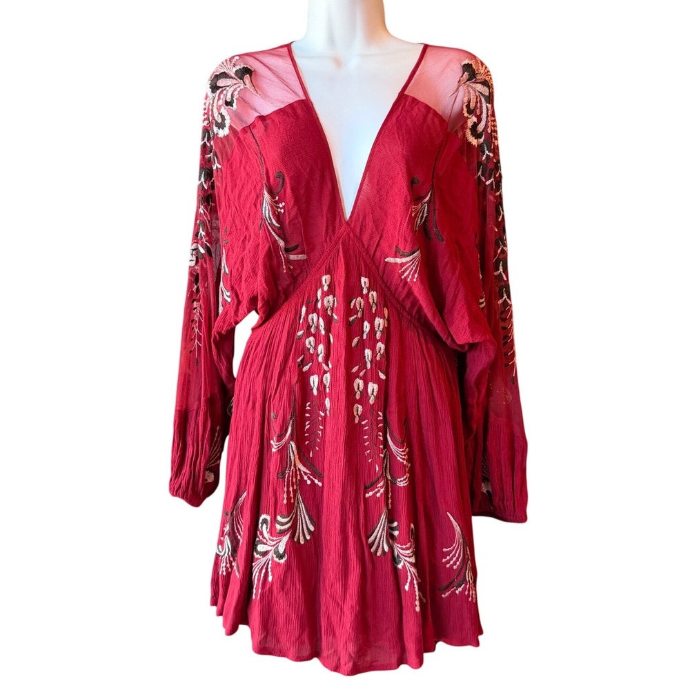 Free People Embroidered Mesh Boho Mini Dress Deep V Long Sleeve Womens Size XS